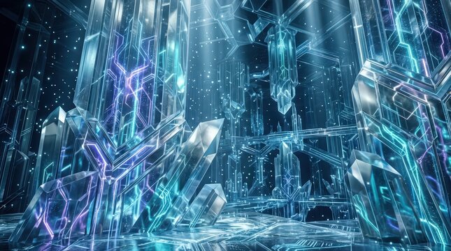 Luminous crystal cave with glowing blue and purple formations