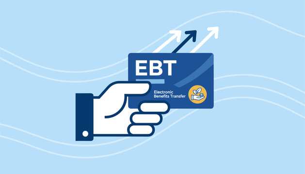 Vector illustration of a hand holding an EBT card with upward arrows demonstrating electronic benefits transfer.