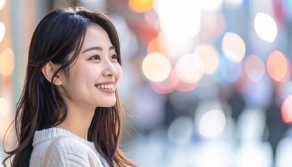 Obraz premium 背景ボケ カジュアルなイメージの日本人女性の横顔のポートレート