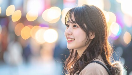 Obraz premium 背景ボケ カジュアルなイメージの日本人女性の横顔のポートレート