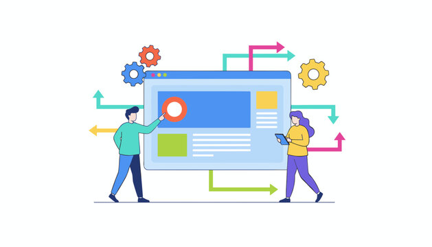 Creative illustration depicts a male designer and a female developer collaborating on digital website design and coding.
