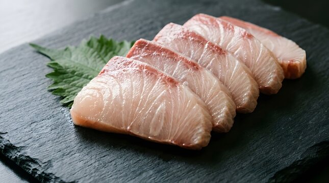 Fresh Slices Of Amberjack Sashimi Served On Black Slate Sushi Platter