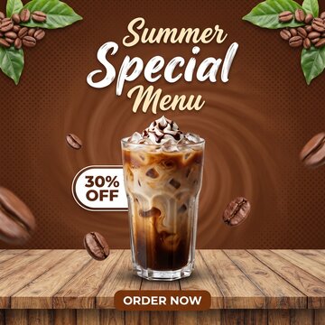 Summer Special Menu Iced Coffee Drink Promotion Banner With Coffee Beans Brown Background Design