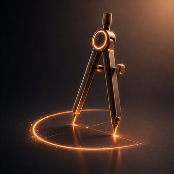 Sleek Modern Drafting Compass Standing on Reflective Dark Surface with Glowing Amber Light