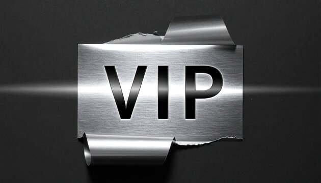 VIP text on metallic torn paper effect background.