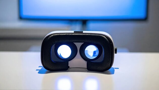 VR headset sitting on white desk surface