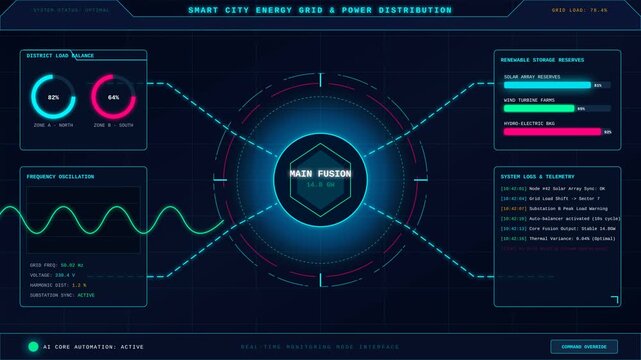 Futuristic Smart City Energy Grid Monitor Interface with Real Time Power Distribution Data Analytics