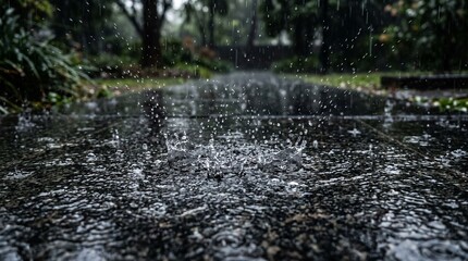 Fototapeta premium Heavy rain falling on wet asphalt road creating splashes and ripples