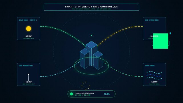 Smart City Energy Grid Controller Dashboard Monitoring Sustainable Power Generation Technology