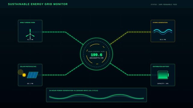 Sustainable Energy Grid Monitor Animation Showing Renewable Power Distribution And Battery Storage