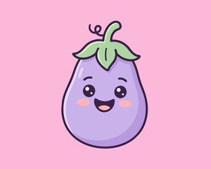 Cute kawaii cartoon eggplant character with a happy smiling face on a pink background.