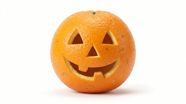Creative Halloween Jack-O'-Lantern Face Carved into a Fresh Orange Isolated on White Background