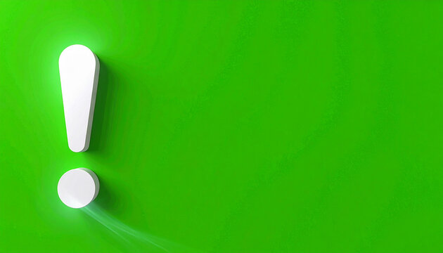 Bright White Exclamation Mark Glowing on a Vibrant Green Background with Subtle Lighting Effects and Copy Space
