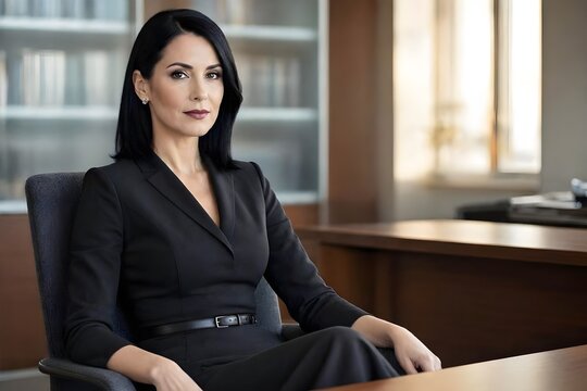 donna di ufficio segretaria con capelli neri e vestito nero