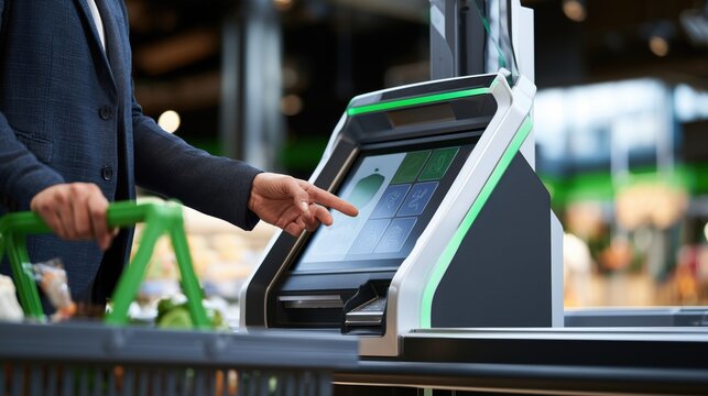 Customer using a modern self-checkout station, scanning fresh groceries with a sleek touchscreen interface in a bright contemporary supermarket.  Ideal for retail, technology and shopping concepts.