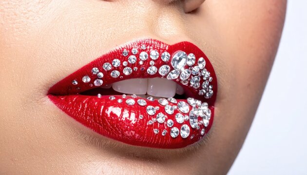 Woman's lips with red lipstick and rhinestones.