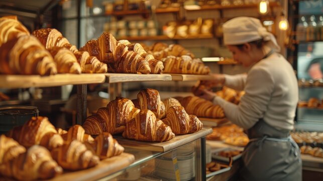Artisan baker arranging freshly baked croissants on wooden display shelves while a customer waits nearby, surrounded by warm morning sunlight and an authentic cozy bakery atmosphere.
