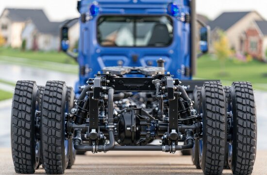 Blue heavy-duty truck chassis with exposed mechanical components and dual rear wheels