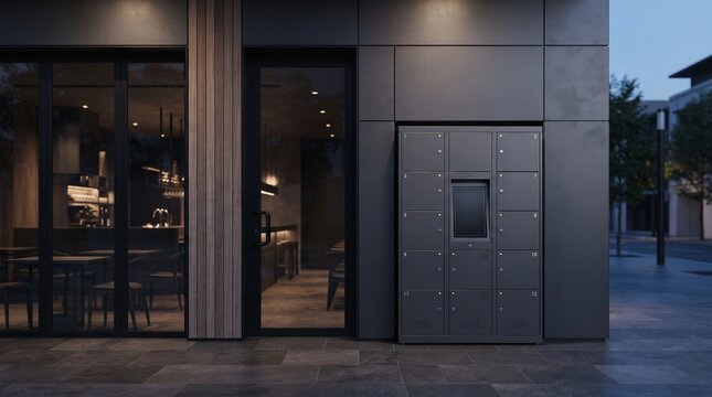 Modern automated parcel locker at restaurant entrance
