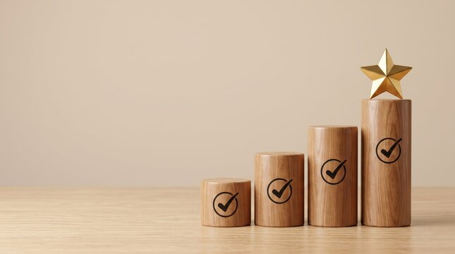 Wooden blocks arranged as ascending podium steps with check marks and golden star on top symbolizing business success achievement growth ranking and winning first place