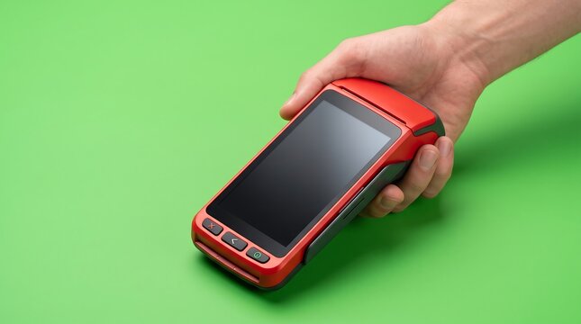 The cashier offers POS terminal for payment by credit card. Closeup, orange background, copy space. Concept for banking, shopping and contactless payments