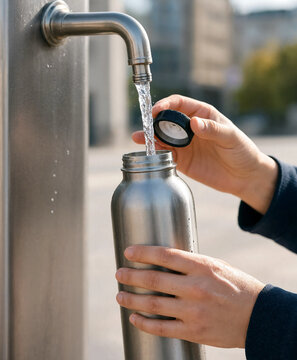 Water Bottle Being Refilled at a Public Drinking Fountain with a Stainless Steel Nozzle Featuring Refill, Filling, Metal