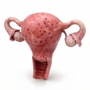 Uterus adenomyosis medical 3D anatomy render showing moderate uterine wall thickening and heterogeneous tissue, isolated on white for gynecology, healthcare, patient education, and clinical design use