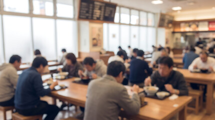 Obraz premium Intentionally blurred interior of a busy canteen in Japan where people are dining at wooden tables for website backgrounds, advertising banners, and restaurant industry articles.