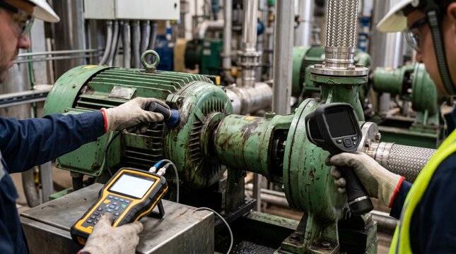 Workers perform maintenance on machinery in an industrial facility during the day