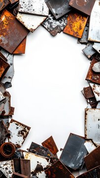 Circular frame of rusted metal fragments surrounding white center.