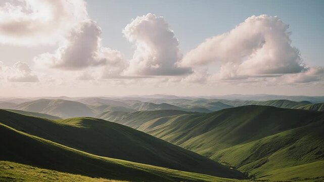 Clouds drifting over lush green mountain ridges in the morning