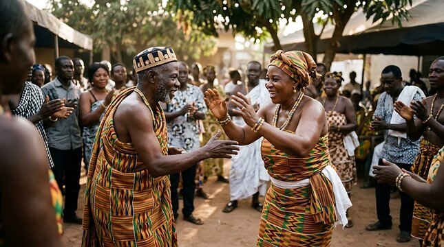 African elders celebrating and dancing in traditional kente attire