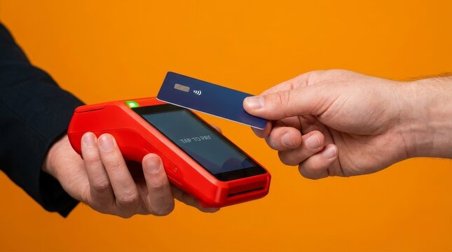 Contactless Payment Transaction with Credit Card and POS Terminal on Orange Background