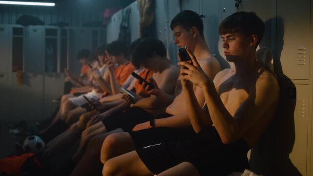 Teenage Football Teammates Taking Well Earned Break after Practice. Athletes Cool Down, Browse Smartphones, Recharge Before Heading to Showers, Balance Between Physical Performance and Digital Life.