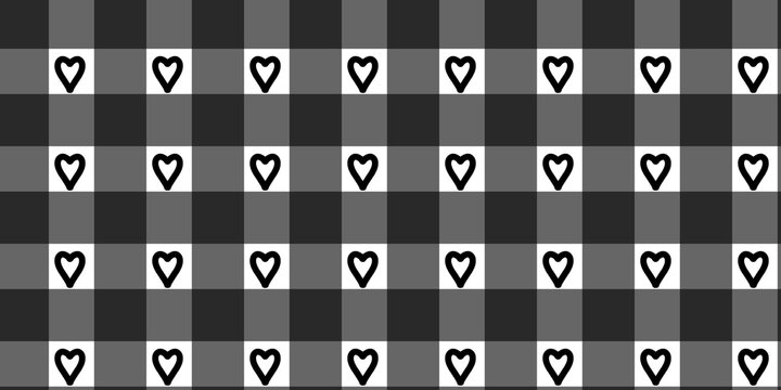 Seamless black and white gingham pattern with heart icons. Monochromatic plaid  background for Valentine design, fabric, wrapping paper, and wallpaper.