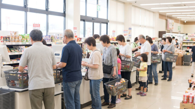An intentionally blurred view of shoppers queuing at a supermarket checkout in Japan for retail design, website backgrounds, and presentation templates.