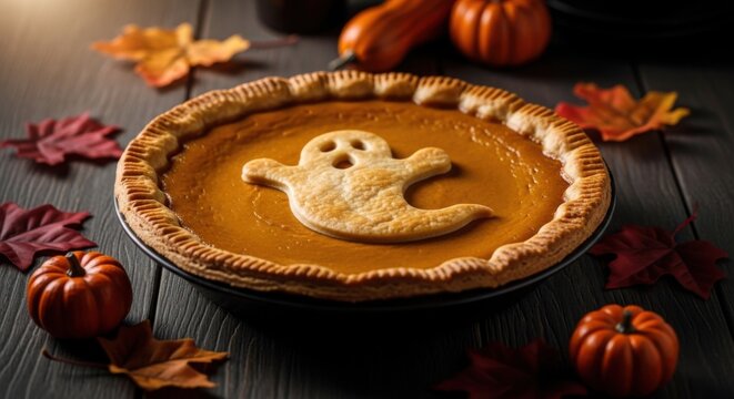 A delicious pumpkin pie with a ghost shape on the crust