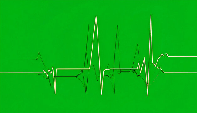 Abstract representation of a digital heartbeat waveform and financial stock market graph on a vibrant green background symbolizing health and economic growth