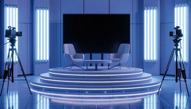 Futuristic blue television talk show set with two chairs and cameras on tripods