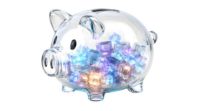 Transparent Glass Piggy Bank Filled with Glowing Geometric Cubes, Digital Assets and Investment Concept