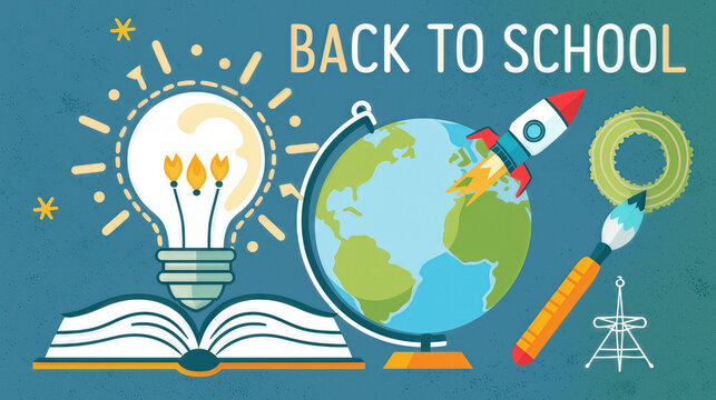 Back to school theme with book, globe, light bulb, rocket, and school supplies