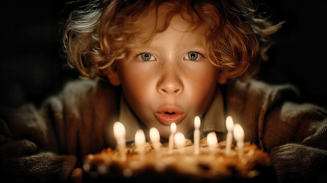 Child makes a wish while blowing out candles on a birthday cake at a celebration
