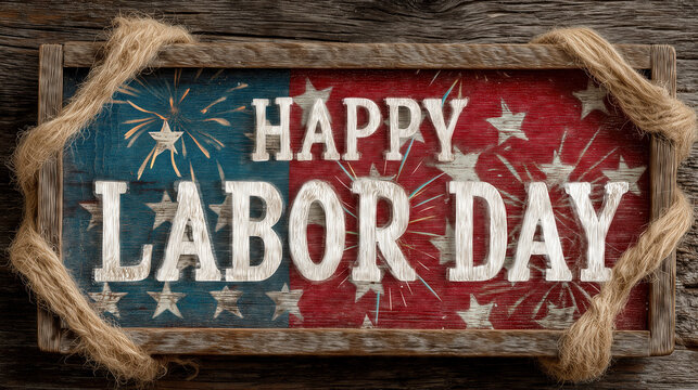 Celebration of Labor Day with a decorative sign showing fireworks and stars