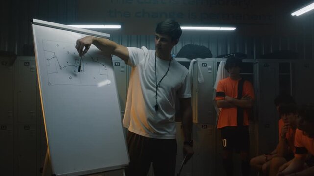 Football Coach Explaining Tactical Formations on Whiteboard to Teenage Players in Locker Room before Match. Youth Team Preparing Game Strategy, Analyzing Positioning and Building Winning Teamwork.