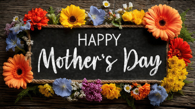 Flowers and a sign wishing Happy Mother's Day with bright colors on a wooden background