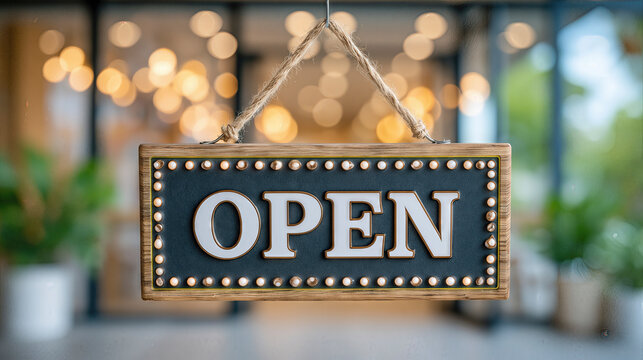 Sign shows open status at business location with blurred background lights