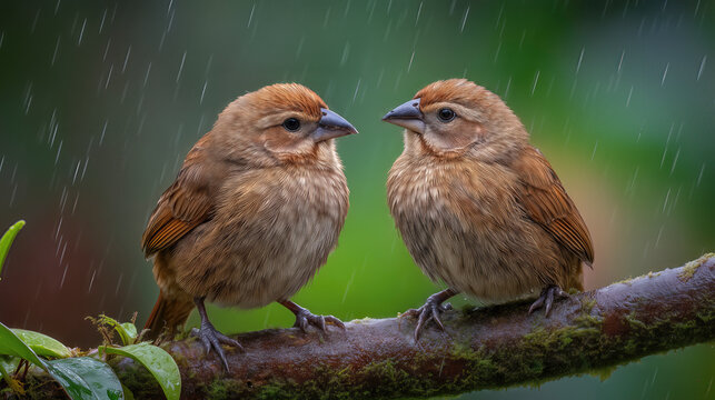 Two birds sit close on a branch during rain in a forest