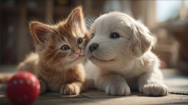 Cute kitten and puppy playing together in a cozy room during daytime