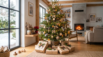 Fototapeta premium Decoración navideña sostenible con materiales naturales y regalos envueltos de forma ecológica, concepto de consumo responsable y Navidad verde.
