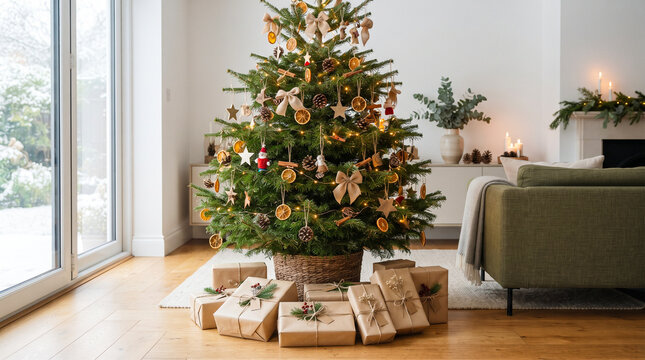 Decoraci&oacute;n navide&ntilde;a sostenible con materiales naturales y regalos envueltos de forma ecol&oacute;gica, concepto de consumo responsable y Navidad verde.